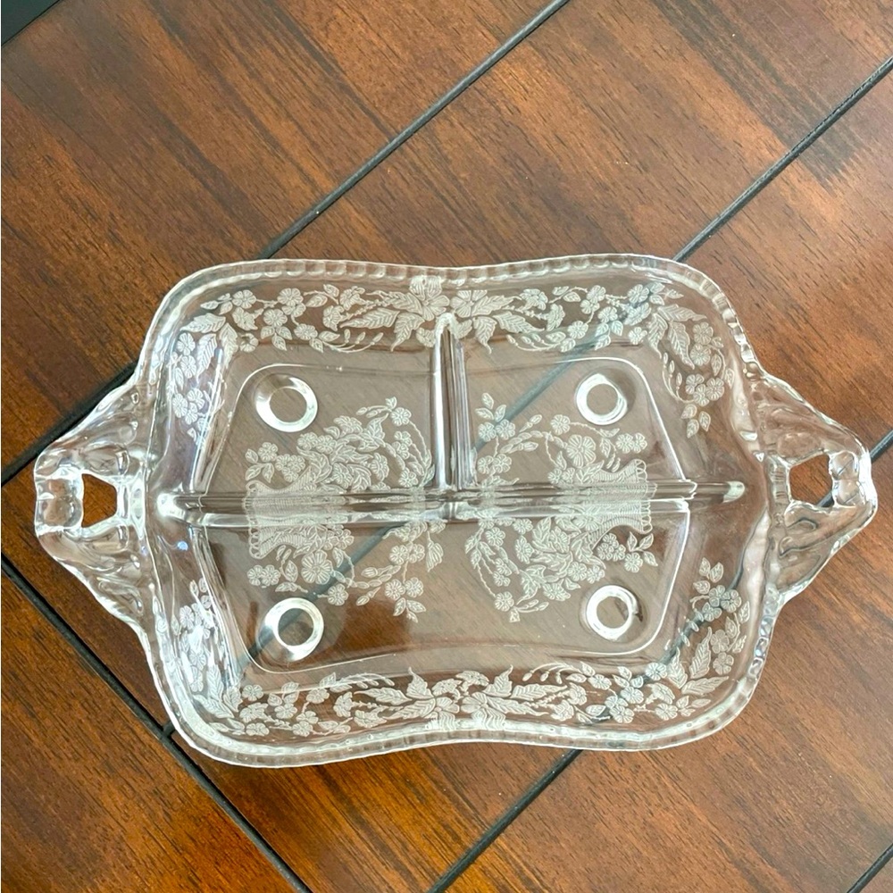 Vintage New Martinsville Cut Glass 3 Part Relish Serving Dish Appetizer Tray